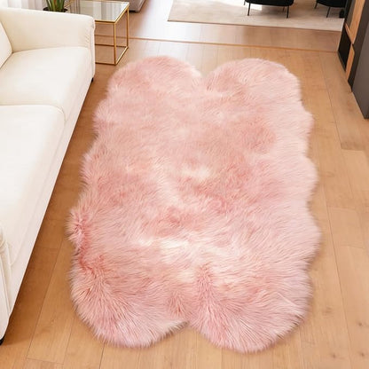 Pink Faux Fur Sheepskin Area Rug for Living Room Bedroom, 4 x 6 Feet Ultra Soft Shaggy Fuzzy Furry Carpet Chair Throw Large Rugs for Kids, Girls, Nursery Room Decor Dorms