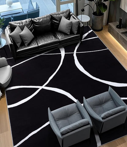 YIHOUSE Modern Washable Area Rug for Living Room Bedroom - Large Abstract Black and White Rug Non-Slip Ultra-Thin Home Decor (Dark Curve, 5'x7'ft)