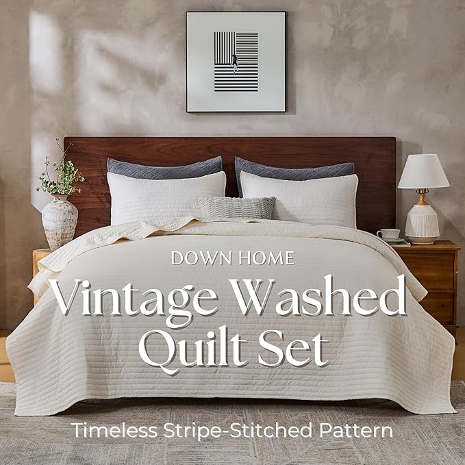 DOWN HOME Queen Quilt Bedding Set with Shams, Vintage Washed Soft Quilted Blanket Thin Comforter Lightweight Bedspread Coverlet Bed Cover, Brushed Microfiber Stripe Stitching, Linen White, 86"x90"
