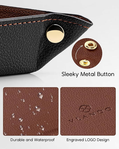 Vlando Valet Tray for Men Women, Nightstand Organizer Vanity Catchall Holder for Dresser Desk Storage Bedside, Travel PU Leather Jewelry Key Bowl Coin Watches and Candy Entryway Tray - Large, Brown