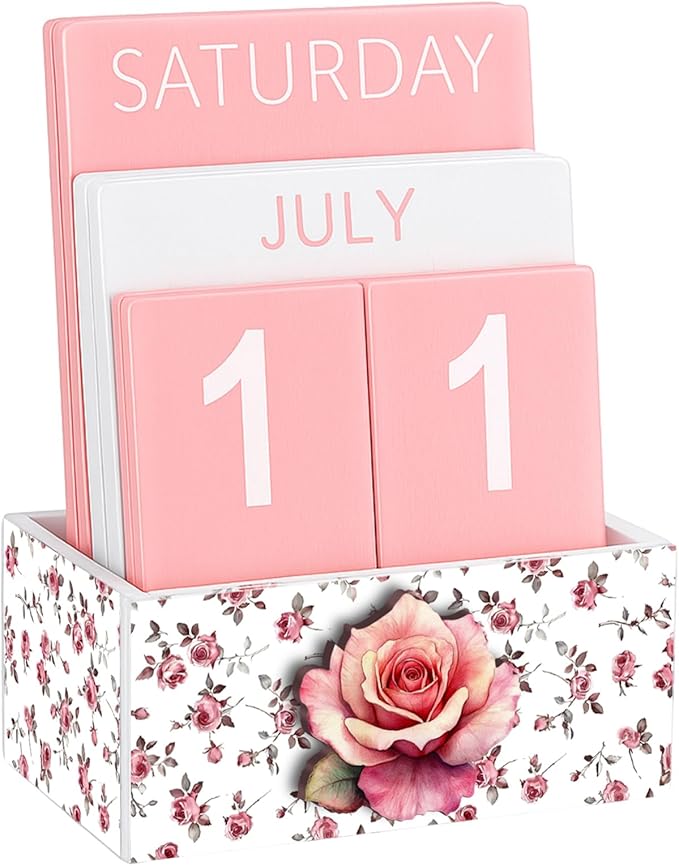 Pink Rose Wood Block Perpetual Calendar Coquettish Desk Decor Cute Month Week Date Display Decorative Block Calendar for Women Office Home Desk Gift for Women