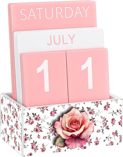 Pink Rose Wood Block Perpetual Calendar Coquettish Desk Decor Cute Month Week Date Display Decorative Block Calendar for Women Office Home Desk Gift for Women