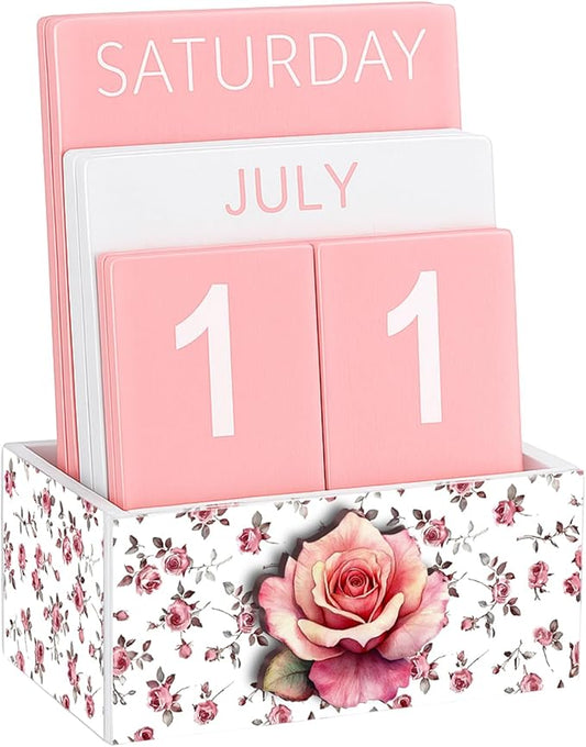 Pink Rose Wood Block Perpetual Calendar Coquettish Desk Decor Cute Month Week Date Display Decorative Block Calendar for Women Office Home Desk Gift for Women