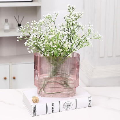 Ribbed Glass Vase, Pink Glass Vase, Fluted Short Vases for Flowers, Modern Vases for Living Room, Dining Room, Bathroom, Desk, Shelf, Wedding, Office, 7 Inches