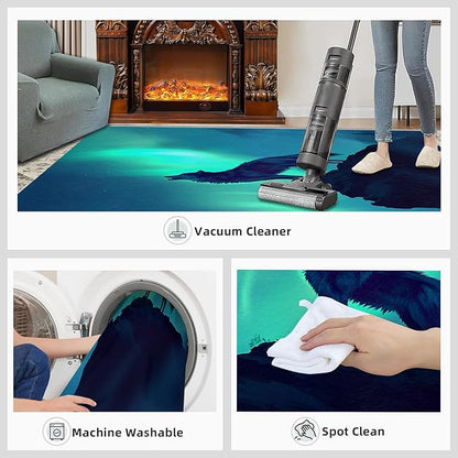 Wolf 2x3 Area Rugs for Living Room -Forest Washable Rug Aurora Non-Slip Carpet Indoor Floor Stain Resistant Thin Carpets for Bedroom Dining Room Home Office