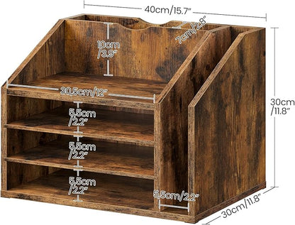Wooden Desk Organizer with Adjustable Partitions, Multi-Layer Desktop File Holder for Home Office, Paper & Stationery Storage Organizer, Rustic Brown MWJ04FG