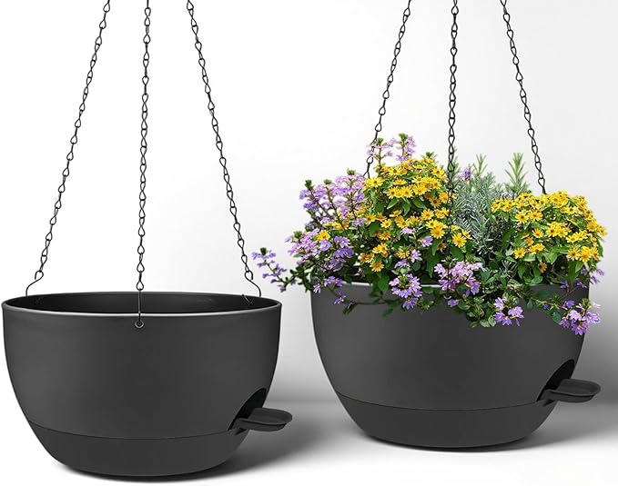 2 Pack 12 Inch Large Hanging Planters with Chains Self Watering Black Plastic Hanging Pots for Indoor Outdoor Plants, Garden Porch Home Decor，Black