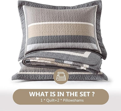 100% Cotton Quilts Queen Size, Queen Quilt Bedding Set Bedspread, Striped Quilt for Queen Bed, 3 Pieces Farmhouse Reversible Lightweight Comforter Bed Spread, Gray/Brown/Beige