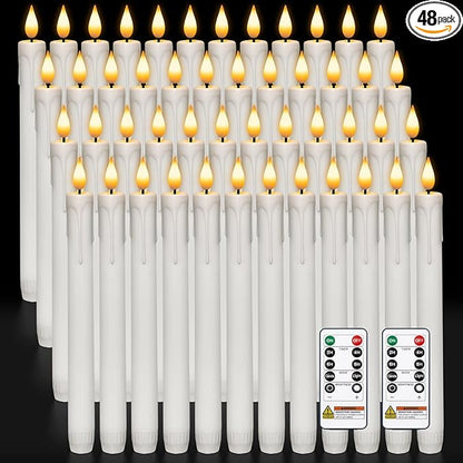 Homemory 48 Pcs Plastic Flameless Taper Candles with Remote Timer Dimmer, Taper Candles Battery Operated with Flickering Light, White Led Candlesticks for Wedding Party Holiday Decoration 9.6 Inches