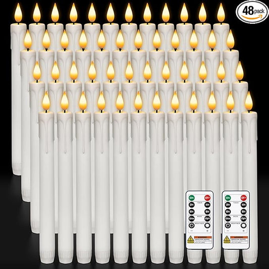 Homemory 48 Pcs Plastic Flameless Taper Candles with Remote Timer Dimmer, Taper Candles Battery Operated with Flickering Light, White Led Candlesticks for Wedding Party Holiday Decoration 9.6 Inches