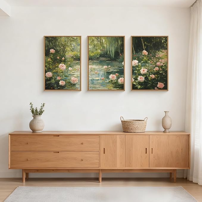 Watercolor Flower Tree Framed Canvas Wall Art Set,Natural White Pink Rose Wildflower Wall Decor,Vintage Dark Green Botanical Artwork for Living Room, Bedroom,Farmhouse- 16"x24"x3