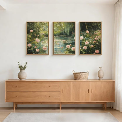 Watercolor Flower Tree Framed Canvas Wall Art Set,Natural White Pink Rose Wildflower Wall Decor,Vintage Dark Green Botanical Artwork for Living Room, Bedroom,Farmhouse- 16"x24"x3