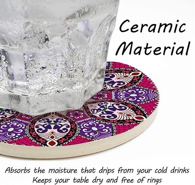 Coasters Set of 6 Mandala Pattern Ceramic Drink Coaster with Cork Base Modern Style Coasters for Mugs and Cups Office Kitchen 4 in