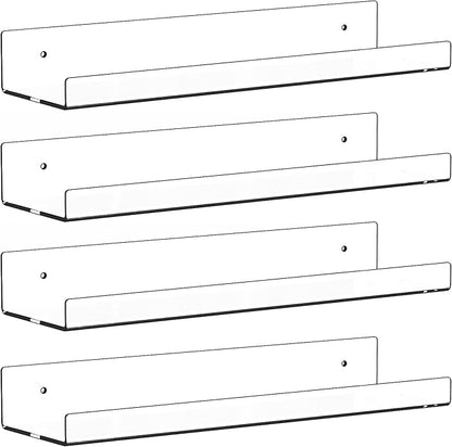 4 Pack Clear Acrylic Shelves for Wall with Adhesive,15 Inch No Drill Floating Shelves for Bathroom,Bedroom,Renter Friendly,Kids Room Bookshelf,Wall Display Shelf for Lego,Funko Pop,Figurine,Perfume