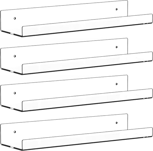 4 Pack Clear Acrylic Shelves for Wall with Adhesive,15 Inch No Drill Floating Shelves for Bathroom,Bedroom,Renter Friendly,Kids Room Bookshelf,Wall Display Shelf for Lego,Funko Pop,Figurine,Perfume