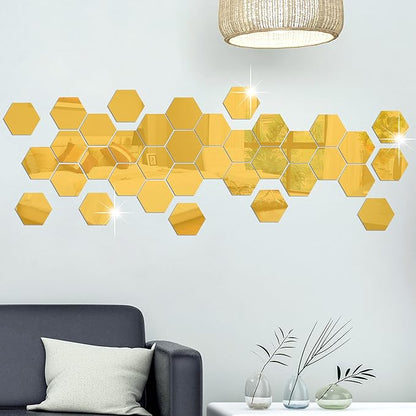 RW-103 36 Pcs Acrylic Hexagon Mirror Decals DIY Removable 3D Geometric Mirror Art Setting Wall Decor for Bedroom, Living Room, Office, Kitchen & Home (Gold)