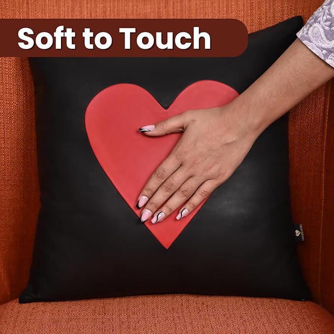 LL LEATHER LOVERS Genuine Lambskin Leather Pillow Cover, 18x18 Inch Case for Lumbar Throw Couch Pillows, Thick & Soft Cushion Covers for Sofa Bed Home Décor (Red Heart & Black Plain Pack of 1)