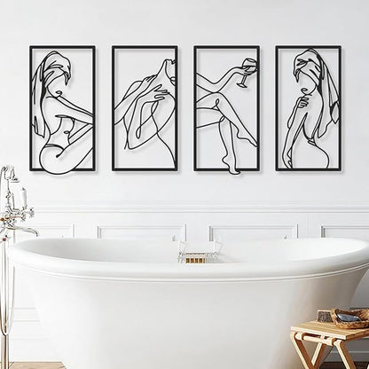 Bakovity Black Metal Bathroom Wall Art, Minimalist Woman Line Wall Decor, Metal Wall Decor for Bathroom Bedroom Living Room (4 Pcs,17 x 9 in)