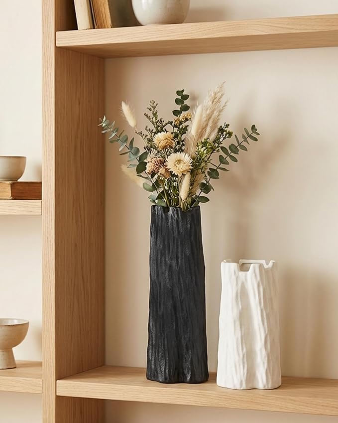10.7 Inch Matte Black Flower Vase, Organic Nature Shape, OOSTONEE Nordic Modern Style Ceramic Vase, Shelf, Home, Living Room, Coffee Table Centerpiece, Black Vases Home Decor