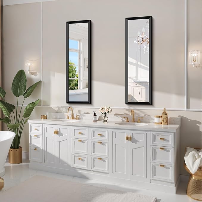 Black Bathroom Mirror 14 x 48 Inch Rectangle Wave Beveled Frame for Wall Bathroom Vanity Mirror for Over Sink, Tempered Glass,for Entryway Hangs, Bathroom Living Room Horizontal or Vertical