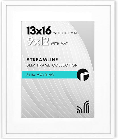 Americanflat 13x16 Picture Frame with Polished Plexiglass - Use as 9x12 Frame with Mat or Display 13x16 Photo Without Mat - Streamline Collection - Thin Border Picture Frames for Wall - White