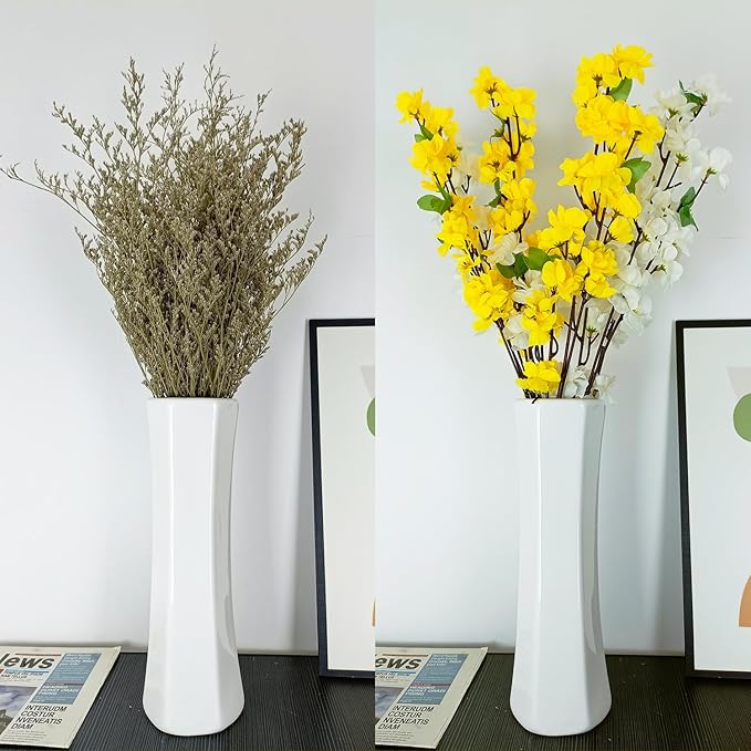12Inch Tall White Ceramic Flower Vase, Textured Modern Vases for Living Room Decorations, Shelf, Table Centerpieces, Farmhouse Small Ceramic Vase
