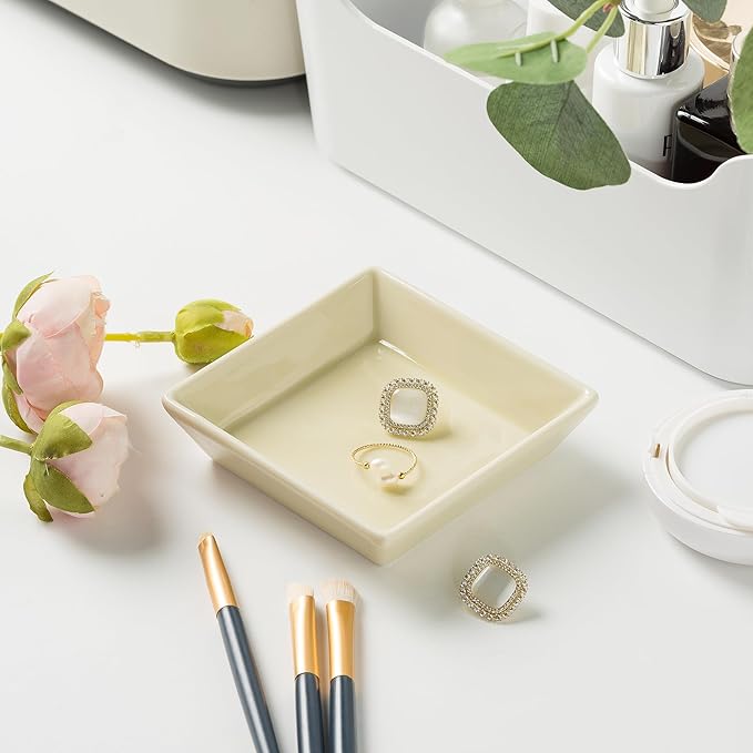Ceramic Trinket Dish, Ring Tray, Decorative Jewelry Dish for Earrings Necklaces Watch Keys, for Women (yellow square)