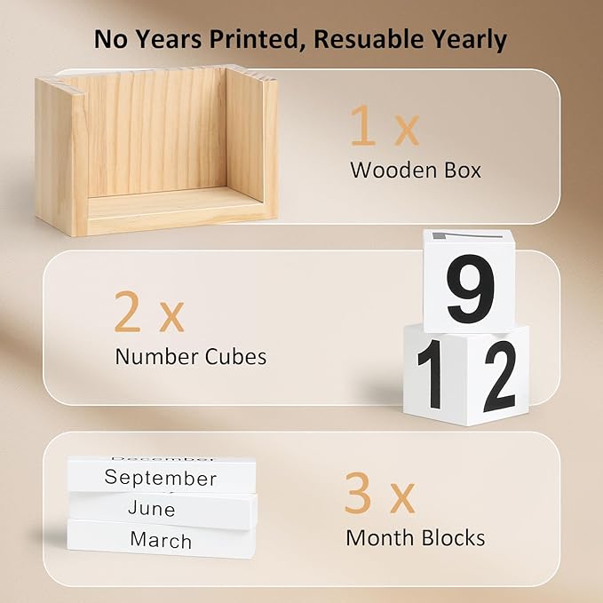 Wooden Block Calendar for Desk, Small Size Daily Desktop Perpetual Desk Calendar, Cute Date Display Desk Accessories for Home Office Decor, Teacher, Classroom, Reusable Yearly, Wood Grain