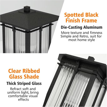 Modern Outdoor Post Light, Aluminum Lamp Post Light Fixture with Ribbed Glass, Soptted Black Outside Pole Lighting with 3-Inch Pier Mount Base for Yard Porch Pathway (15.8''H, 1 pc)