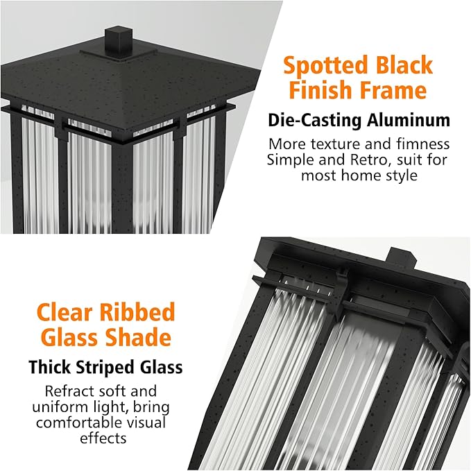 Modern Outdoor Post Light, Aluminum Lamp Post Light Fixture with Ribbed Glass, Soptted Black Outside Pole Lighting with 3-Inch Pier Mount Base for Yard Porch Pathway (14.2''H, 1 pc)