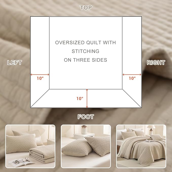 Sanracie Stonewashed Oversized King Quilt(120"x120"), Cotton Dark Wheat Color Cross Stitch Pattern California King Quilt Set 3Pcs Ultra Soft Lightweight Crinkle Bed Coverlet Set for All Season