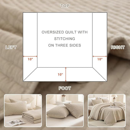 Sanracie Stonewashed Oversized King Quilt(120"x120"), Cotton Dark Wheat Color Cross Stitch Pattern California King Quilt Set 3Pcs Ultra Soft Lightweight Crinkle Bed Coverlet Set for All Season