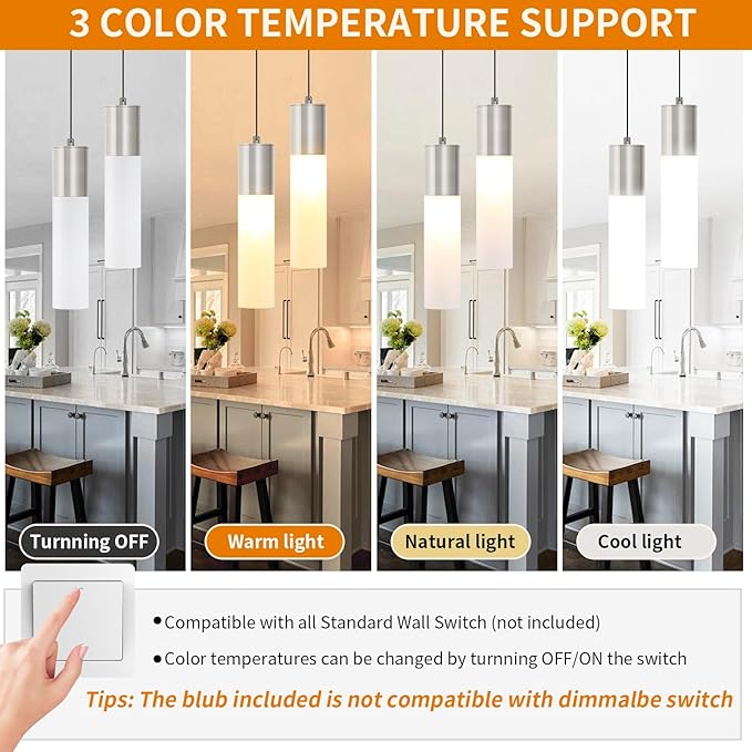 LED Kitchen Pendant Lighting Over Sink 1-Light Brushed Nickel Pendant Lights Modern Dining Table Lights Ceiling Hanging Lamp with Milky White Lampshade, Adjustable Height, 3000K-6000K