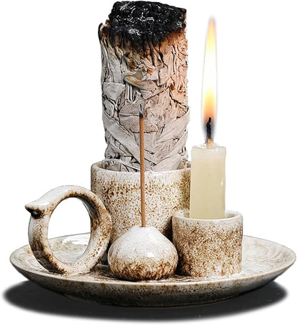 4 in 1 Ceramic Incense Burner Holder with Handle for Burning Sage, Palo Santo Stick, Joss Sticks, Candle in Your New House, Office, Yoga, Meditation Room