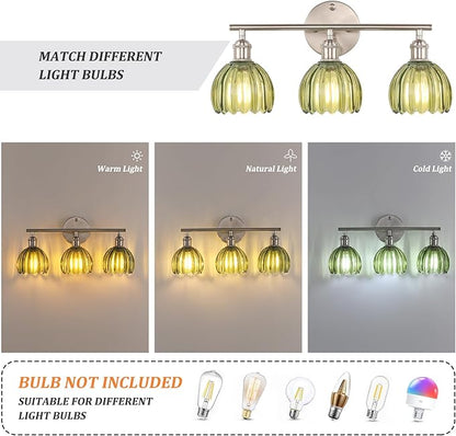Bathroom Light Fixtures, 3-Light Vanity Wall Light Over Mirror with Green Tulip Glass Shade for Bedroom Living Room (Bulb Not Included), Satin Nickel