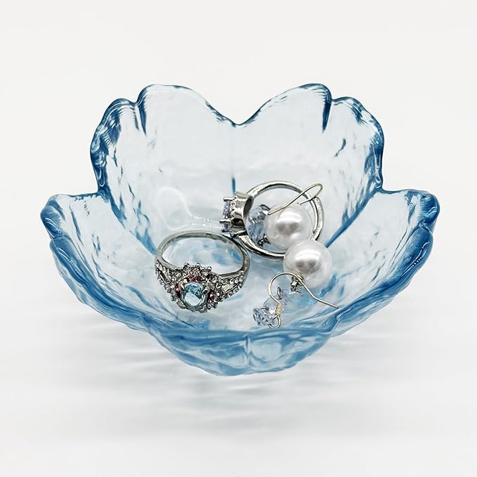 Glass Jewelry Dish Tray, Crystal Ring Holder Dish, Small Ring Dishes for Women Engagement Gift, Flower Trinket Bowl Jewerly Tray, Decorative Jewely Bowl, Jewlery Plate (Crystal Blue)