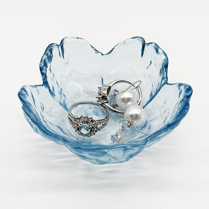 Glass Jewelry Dish Tray, Crystal Ring Holder Dish, Small Ring Dishes for Women Engagement Gift, Flower Trinket Bowl Jewerly Tray, Decorative Jewely Bowl, Jewlery Plate (Crystal Blue)