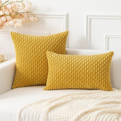 Kevin Textile Throw Pillow Covers Soft Corduroy Decorative Set of 2 Boho Striped Pillow Covers Pillowcases Farmhouse Home Decor for Couch Bed Sofa Living Room 20x20 Inch Mustard Yellow