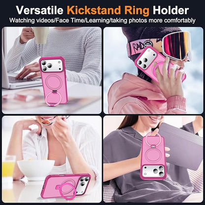 Compatible with iPhone 17 Pro Case with Invisible Magnetic O-Ring Stand Military-Grade Translucent Phone Case for iPhone 17 Pro 6.3" [Compatible with Mag-Safe][Great Grip Feeling], Rose