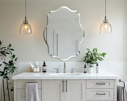 Frameless Scalloped Wall Mirror: Decorative Scallop Oval Mirrored Glass Vanity with Beveled Silver Edge for Bathroom Bedroom Livingroom Dining Room Entryway Hallway, 32 x 24 inch