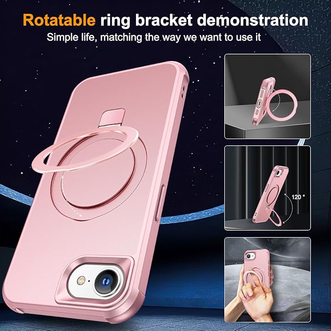 Compatible with iPhone 16E Case with Invisible Magnetic O-Ring Stand Military-Grade Case for iPhone 16E 6.1" 2025 [Compatible with Mag-Safe][Great Grip Feeling], Rose Gold