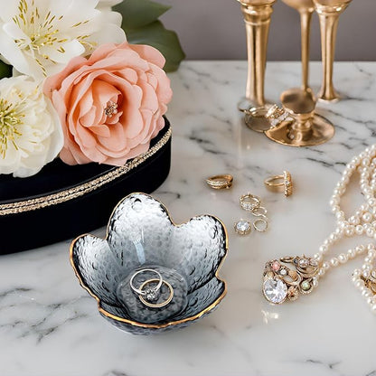 Black Flower Ring Dish Jewelry Tray, Small Glass Trinket Tray for Rings Earrings, Present for Wife Mom Daughter Women