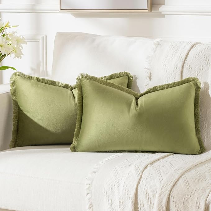 FUTEI Sage Green Velvet Decorative Throw Pillow Covers 12x20 Set of 2,Soft Cozy Edge with Tassels Lumbar Pillow Cases,Boho Modern Home Decor for Couch Bed Living Room