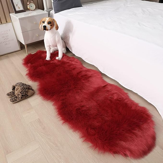 Faux Fur Rug 2 x 6 ft Red Shaggy Sheepskin Machine Washable Fuzzy Area Rug Super Soft Fluffy Plush Carpet for Bedroom Living Room Floor Nursery Kids Room Runner Bedside Rug
