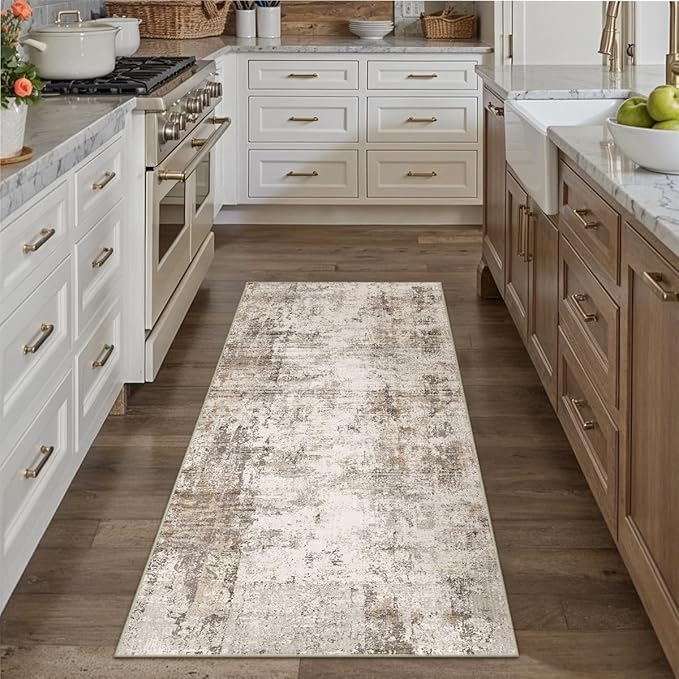 2x5 Washable Runner Rug Brown Grey Abstract Hallway Kitchen Throw Rug Neutral Modern Non Slip Soft Low Pile Carpet for Bathroom Laundry Bedroom Living Room