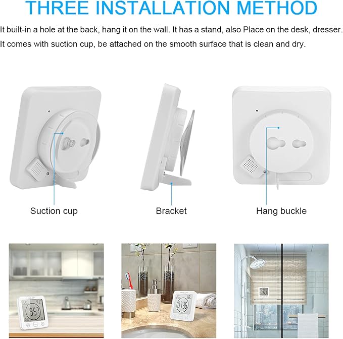 Waterproof Digital Shower Clock, Bathroom Wall Clock with Countdown Timer, Temperature & Humidity Display, Magnetic Back & Suction Cup for Bathroom, Kitchen, Spa