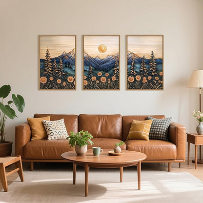 Aryroi Vintage Woodcut Style Mountain Framed Canvas Wall Art Set, Natural Forest Pine Tree Sunflower Wall Decor,Abstract Sunrise Botanical Landscape Artwork for Living Room,Bedroom,Office- 16"x24"x3