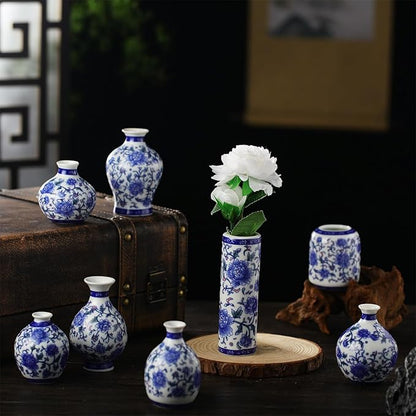 Dandat 8 Pcs Mini Chinoiserie Bud Vases Ceramic Blue and White Floral Chinese Porcelain Vase Set for Shelf Table Centerpieces Home Decor(Vintage)