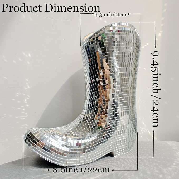 Handcrafted Disco Cowboy Boot Vase - Ceramic & Santiago Disco Ball Modern Western Flower Vase, 9.5inch Santiago Disco Cowboy Boot Home Decor, Unique Gift for Housewarming