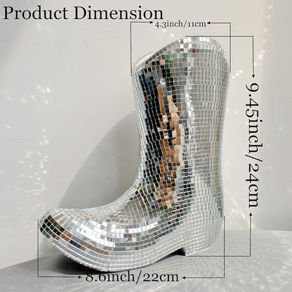 Handcrafted Disco Cowboy Boot Vase - Ceramic & Santiago Disco Ball Modern Western Flower Vase, 9.5inch Santiago Disco Cowboy Boot Home Decor, Unique Gift for Housewarming